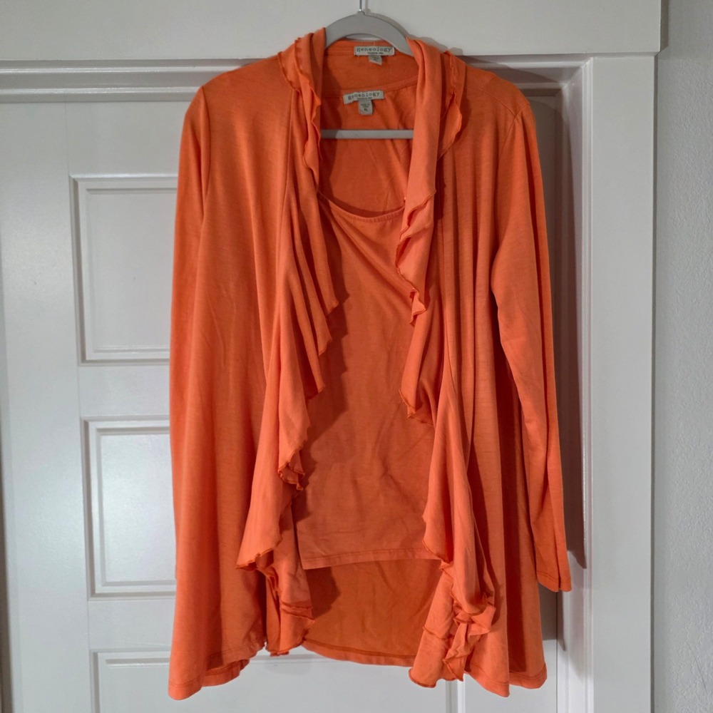 Geneology Fashion DNA Womens XL Orange Ruffle Waterfall Cardigan and‎ Tank Set